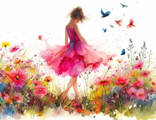 Magical Moment Woman in Pink Dress Walking through Field of Flowers and Butterflies in a Painting