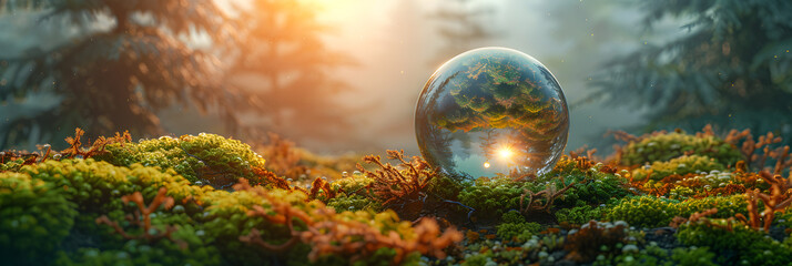 Earth's Oracle Crystal Ball on Moss Represents Ecology,
Glass sphere zooming fragment of the forest environmental ecology green house - obrazy, fototapety, plakaty