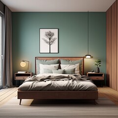 modern bedroom with a wood bed and mint walls, in the style of dark azure and beige