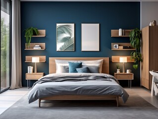 modern bedroom with a wood bed and navy blue walls, in the style of dark azure and beige