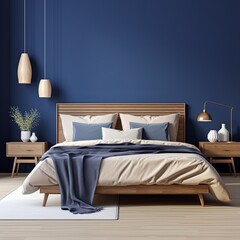 modern bedroom with a wood bed and navy blue walls, in the style of dark azure and beige - obrazy, fototapety, plakaty