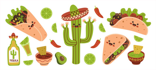 Mexican food funny characters set. Mexico cuisine cute happy face emoticons mascot collection. Smiling burrito, taco.