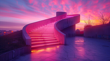 A spiral staircase illuminated by neon lights, creating a mesmerizing visual spectacle in an urban...