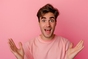 A man makes faces on a pink background with different emotions on his face, wiggling