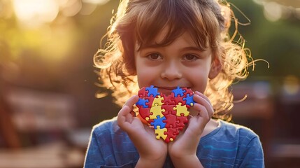Sun Kissing A Child Holding A Puzzle Heart 