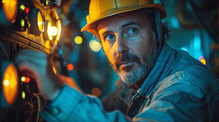 A skilled electrician meticulously inspecting electrical wiring inside a circuit breaker panel, illuminated by the glow of his flashlight, ensuring safety and functionality in a di - obrazy, fototapety, plakaty