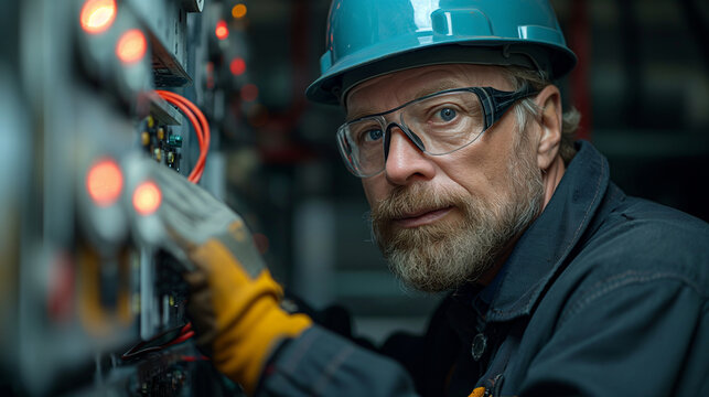 An electrician using specialized equipment to conduct a thorough electrical inspection in a newly constructed building, meticulously checking outlets, switches, and wiring systems