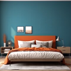 modern bedroom with a wood bed and orange walls, in the style of dark azure and beige