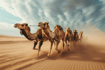 a group of camels running through the desert, showcasing strong facial expressions. captured in a breathtaking style - obrazy, fototapety, plakaty