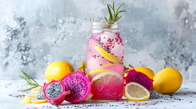 Homemade refreshing summer lemonade drink with lemon slices and dragon fruit in mason jar