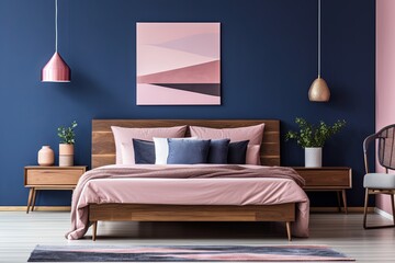 modern bedroom with a wood bed and pink walls, in the style of dark azure and beige