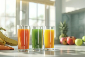 Fototapeta premium Healthy fresh juice with whole fruits and vegetables. Natural detox with antioxidant rich juice blends.