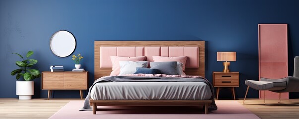 modern bedroom with a wood bed and pink walls, in the style of dark azure and beige