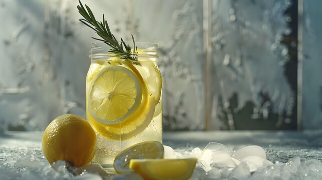 Homemade refreshing summer lemonade drink with lemon slices and ice in mason jar, sun beaming