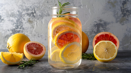 Refreshing summer lemonade drink with lemon, orange and grapefruit slices in mason jar - obrazy, fototapety, plakaty