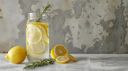 Homemade refreshing summer lemonade drink with lemon slices in mason jar on the grey background - obrazy, fototapety, plakaty