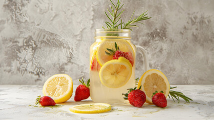 Homemade refreshing summer lemonade drink with lemon slices and strawberry in mason jar - obrazy, fototapety, plakaty