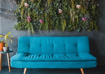 Sofá azul con pared vegetal de fondo - obrazy, fototapety, plakaty