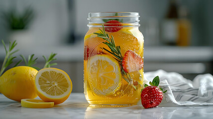 Homemade refreshing summer lemonade drink with lemon and strawberry slices in mason jar