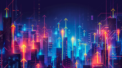Fototapeta premium Vibrant neon arrows ascend amidst a digital cityscape, symbolizing growth and futuristic progress