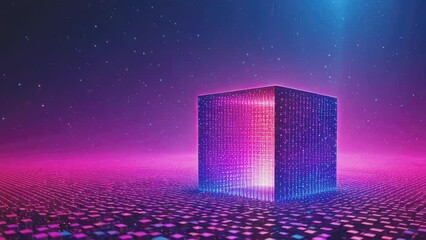 Vertical video, Glow red pink purple blue digital landscape with cube particle. Crypto currency, big data, block chain and digital technology concept. 3D Rendering. - Powered by Adobe