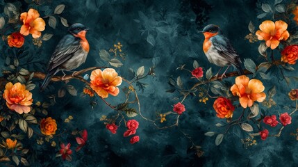 Fototapeta na wymiar Two birds perched on a branch with blooming flowers against a dark backdrop and blue sky