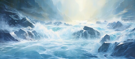 A beautiful painting capturing a river flowing gently over rocks, with crystal clear water...