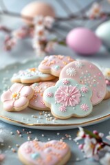 Obraz na płótnie Canvas Easter cookies with delicate icing designs. Elegant Easter cookies delicately decorated with icing, set on a plate with spring blossoms in the background