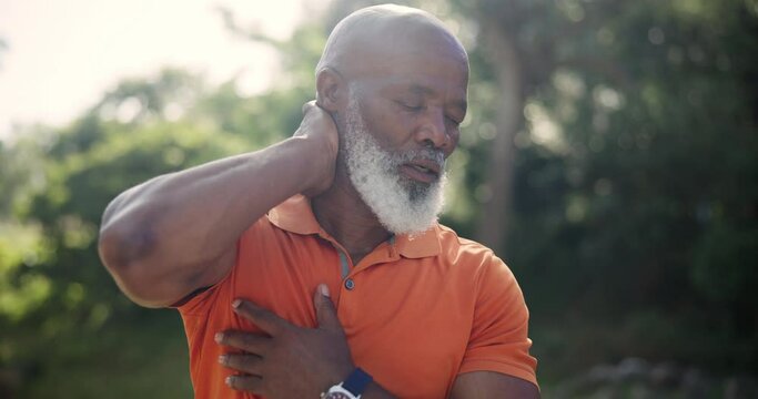 Old man, neck pain in park and spine injury with health, medical emergency and joint ache in nature. African runner with fibromyalgia, discomfort or inflammation with pressure during exercise outdoor