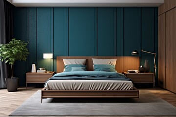 modern bedroom with a wood bed and silver walls, in the style of dark azure and beige, modern