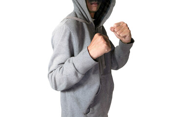 The gray hood jacket man in boxing guard action with shadow with selective focus, isolated on white background. - Powered by Adobe