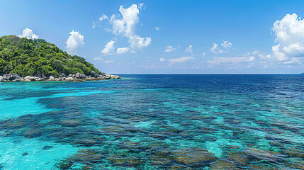 Naklejka premium A photo of a Islands, with crystal clear water and vibrant coral reefs as the background, during a sunny day 
