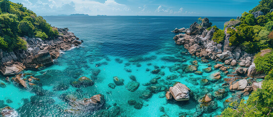 A photo of a Islands, with crystal clear water and vibrant coral reefs as the background, during a sunny day 
