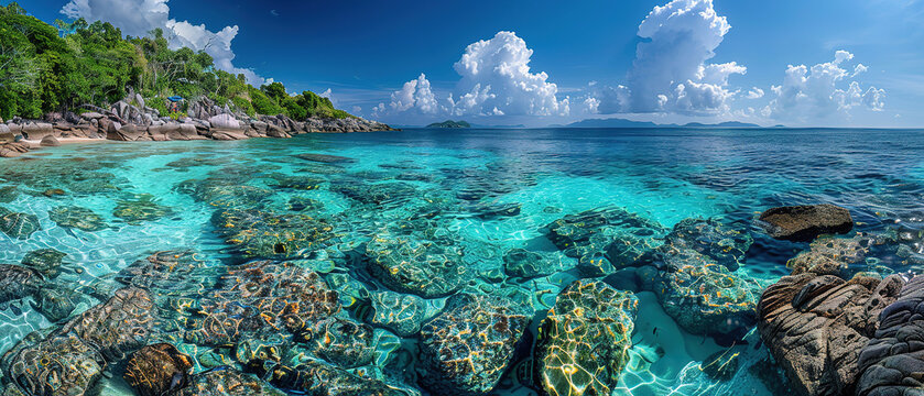 A photo of a Islands, with crystal clear water and vibrant coral reefs as the background, during a sunny day 