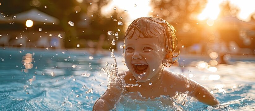 A small child happily splashing and playing in the refreshing water of a swimming pool on a sunny day
