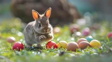 Plexiglas foto achterwand Conejo blanco de pascua saltando en la hierba verde, hierba con muchos huevos de colores.  Pascua de resurrección, conejo de pascua © jordirenart