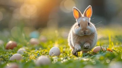Tuinposter Conejo blanco de pascua saltando en la hierba verde, hierba con muchos huevos de colores.  Pascua de resurrección, conejo de pascua © jordirenart