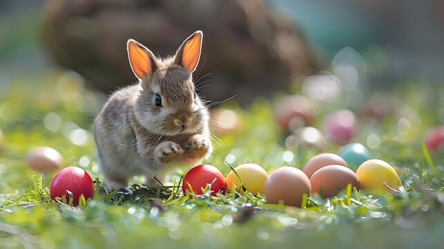 Conejo blanco de pascua saltando en la hierba verde, hierba con muchos huevos de colores. 
Pascua de resurrección, conejo de pascua