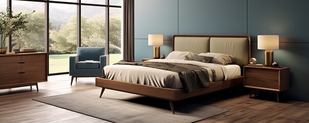 modern bedroom with a wood bed and tan walls, in the style of dark azure and beige
