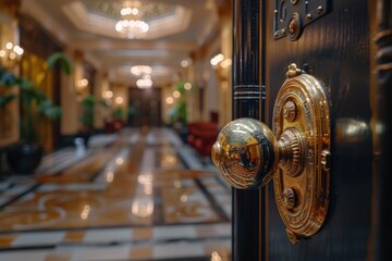 A luxurious golden doorknob gleams, providing entrance to an opulent hallway with rich architectural details