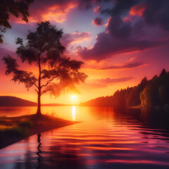 Generative AI, Midsummer solstice sunset lake landscape