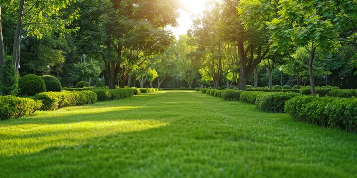 Beautiful public park with green grass field on morning light