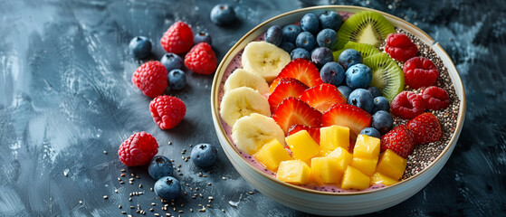 Colorful smoothie bowl with fresh fruit toppings.