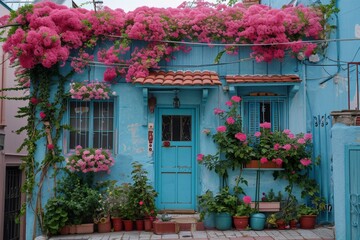 Beautiful Blue House with Pink Roof Flowers and Potted Plants in Front creating a charming and colorful home exterior