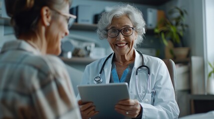 A friendly doctor using a tablet computer to discuss test results with a smiling senior woman