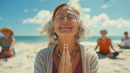 A group of active seniors laughing and enjoying a yoga class on a sunny beach