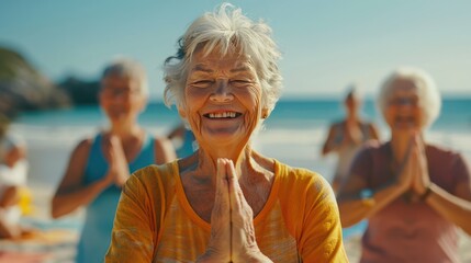 A group of active seniors laughing and enjoying a yoga class on a sunny beach