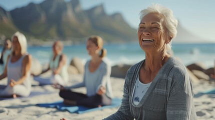 A group of active seniors laughing and enjoying a yoga class on a sunny beach
