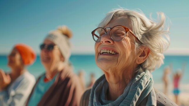 A group of active seniors laughing and enjoying a yoga class on a sunny beach