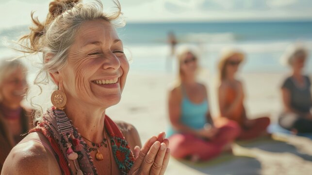 A group of active seniors laughing and enjoying a yoga class on a sunny beach